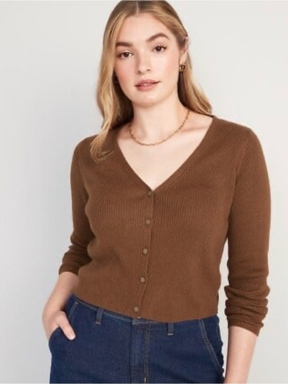 Old Navy V-Neck knit Ribbed Crop Sweater Cardigan camel Brown